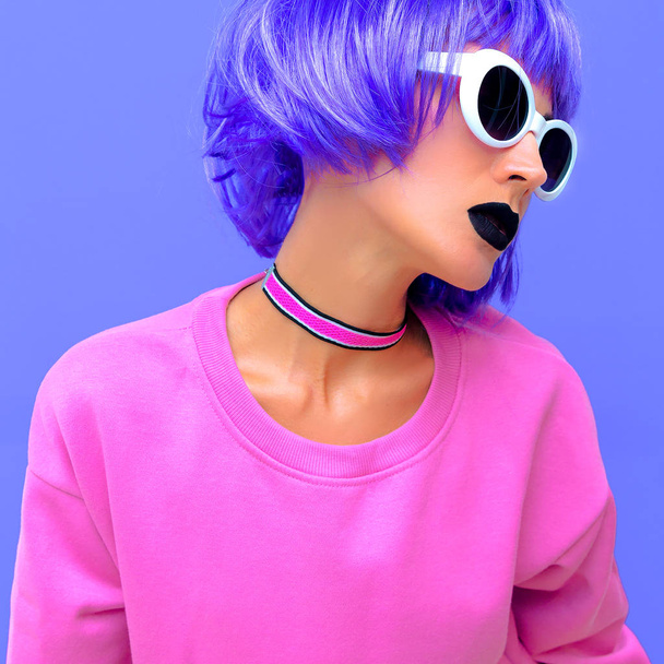 Life is colorful. Fashion Girl with blue hair and bright stylish look - Photo, image