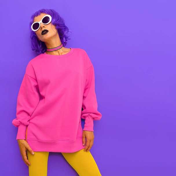 Life is colorful. Fashion Lady with purple hair and bright stylish trends outfit - Fotó, kép