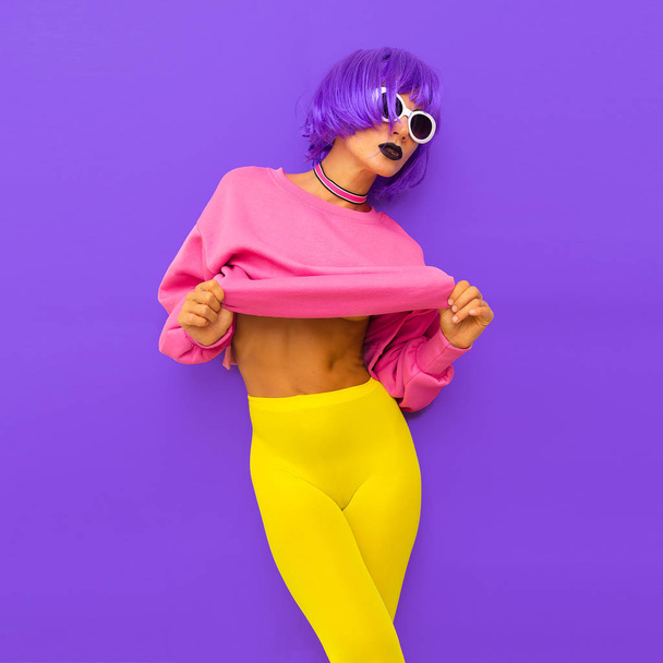 Fashion Girl with purple hair and bright stylish trends outfit. Colorful party vibes - Foto, Imagen