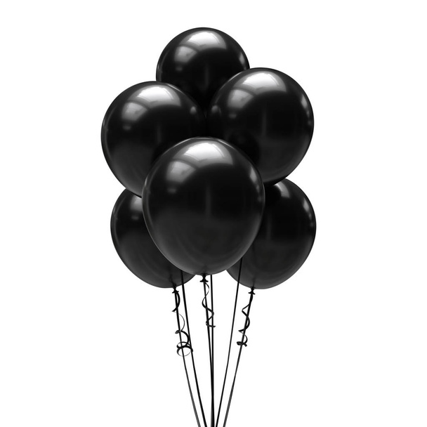Black balloons with ribbons isolated on white background. 3d illustration - Φωτογραφία, εικόνα