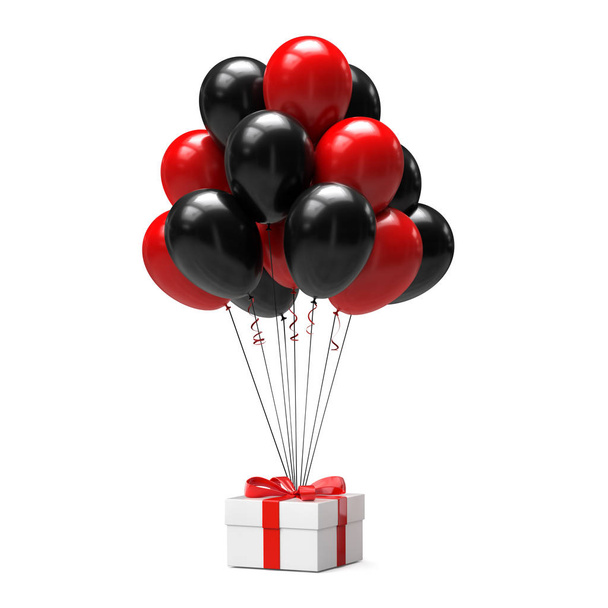 Black and red balloons with gift box isolated on white background. 3d illustration - Фото, зображення