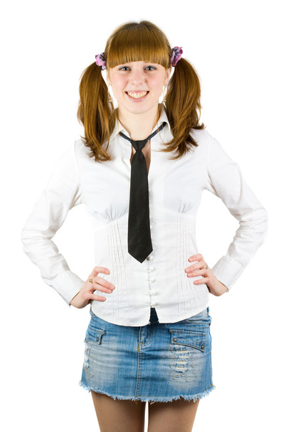 Blonde schoolgirl isolated on white - Foto, afbeelding