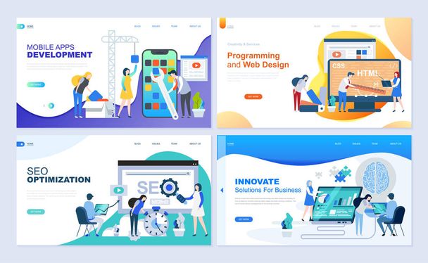 Set of landing page template for web development, SEO, mobile apps, business solutions. Modern vector illustration flat concepts decorated people character for website and mobile website development. - Vector, Image