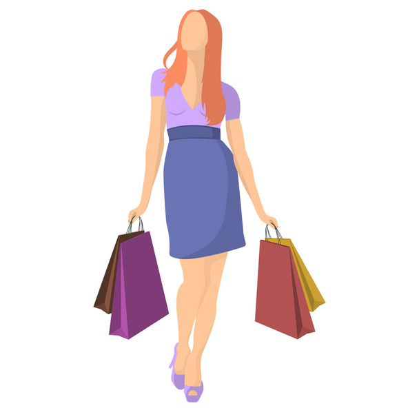 Figure of a girl with shopping. Isolated vector illustration on white background. - Vector, Image