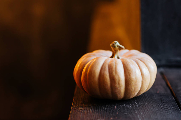 halloween pumpkin on wooden dark black background. - Photo, Image