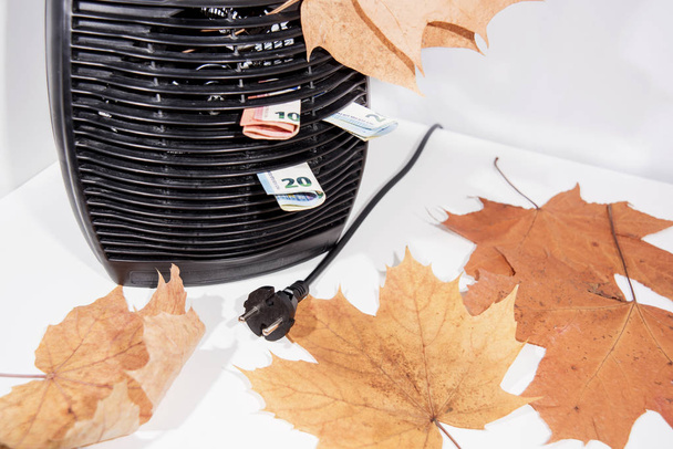 Dinero para facturas de calefacción con calentador negro sobre fondo blanco. Temporada de otoño
. - Foto, Imagen