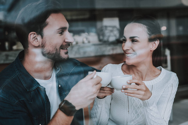 Have Fun. Tea Party. Smiling People. Enjoyment. Guy and Girl. Bonding. Together in Cafe. Cheerful Girl. Happy Together. Leisure Time. Good Relationship. Happy Holidays. Love. Drink Tea. - Fotoğraf, Görsel