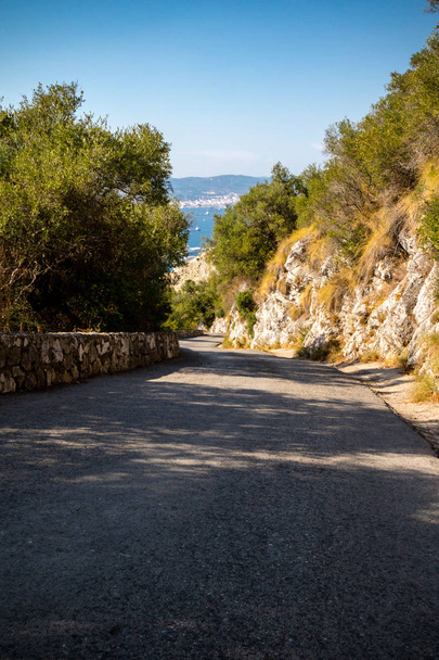 A road on the Rock of Gibraltar in the Upper Rock Nature reserve. Gibraltar is a British Overseas Territory located on the southern tip of Spain. - Foto, Imagen