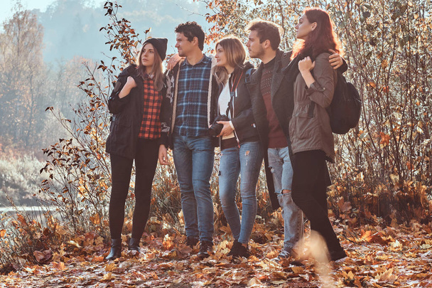 Grupa młodych przyjaciół razem przytulanie i lookina się w piękny jesienny Las.  - Zdjęcie, obraz