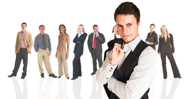 biznesmen formalne sobie pinstripe suit, stojąc przed grupą przedsiębiorstw - Zdjęcie, obraz