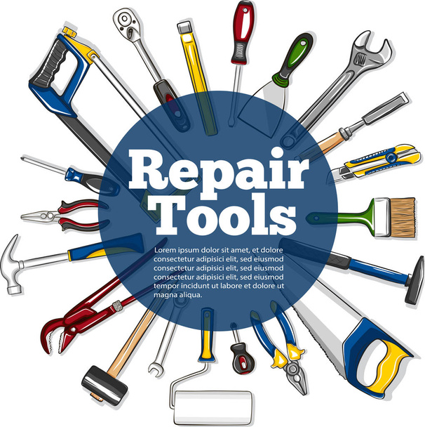 Repair tools banner in hand drawn style. Top view mechanic instruments vector illustration. Repairs workshop equipment. Hand tools for carpentry and home renovation. Diy store advertising - Vector, Image