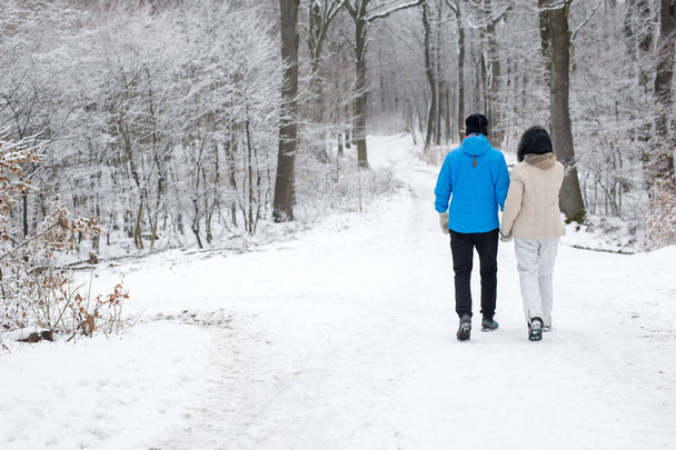 Boldog felismerhetetlen idősebb házaspár, séta a téli erdő felfedezéséhez a nappali - Fotó, kép