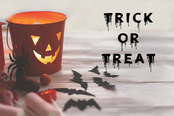 Trick or treat text, bloody sign. Happy Halloween. Jack o Lantern bucket with holiday candy, bats, spiders, skulls on white rustic wooden background. Season's greeting card - Foto, Bild