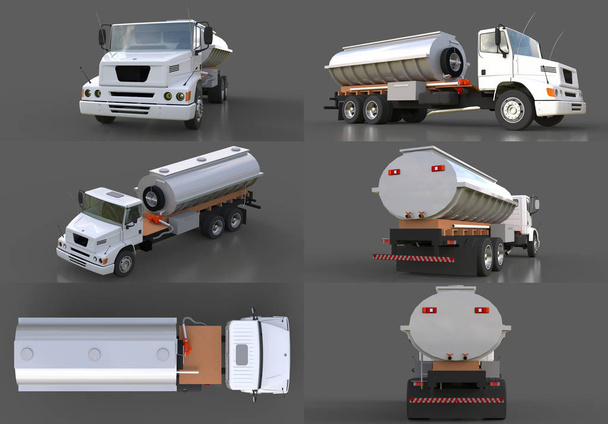 Ensemble grand camion-citerne blanc avec une remorque en métal poli. Vues de tous côtés. Illustration 3d
 - Photo, image