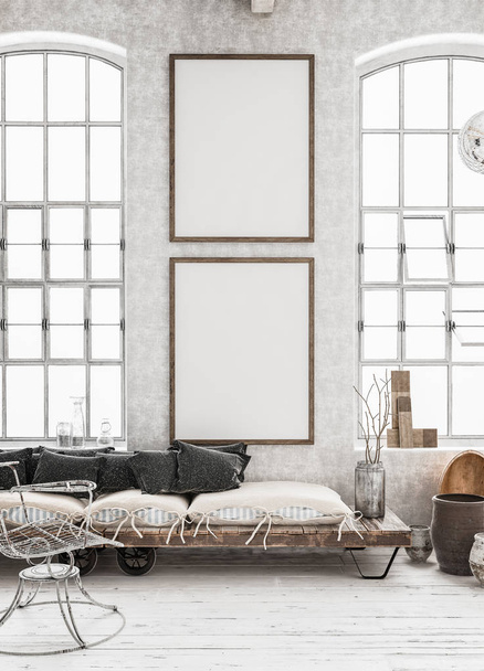 Two vertical Mock-up posters in shabby interior background, Scandinavian style, 3d render - Photo, Image