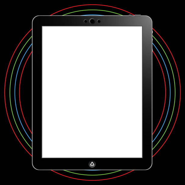 alternatives schwarzes Tablet mit 3D-Kamera und Vintage-Hintergrund zur Verwendung als Attrappe für kommerzielle oder persönliche Präsentationen - Vektor, Bild