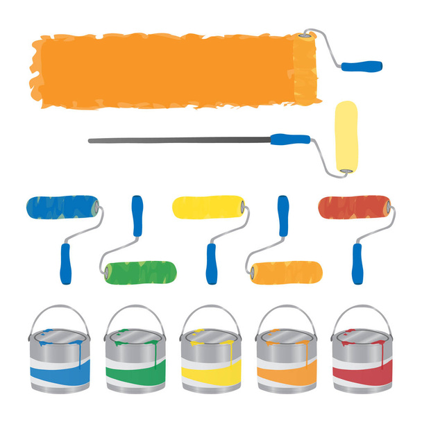 Paint rollers brushes with colorful paint buckets - Vector, imagen