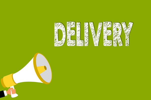 Word writing text Delivery. Business concept for action of delivering letters parcels or goods Giving birth Man holding megaphone loudspeaker green background message speaking loud. - Photo, Image