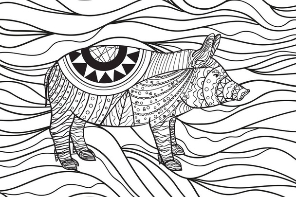 Wavy wallpaper with pig. Zentangle. Hand drawn ornaments on white. Abstract patterns on isolated background. Design for spiritual relaxation for adults. Line art creation. Black and white illustration - Vector, Image