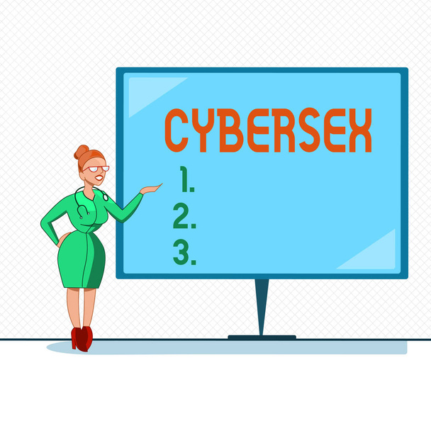 Cybersex gösterilen Not yazma. Cinsel uyarılma vr ekipman giyerek bilgisayar teknolojisi kullanarak vitrine iş fotoğraf - Fotoğraf, Görsel