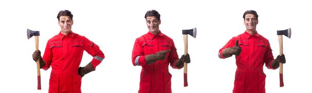 Contractor employee with axe on white background - Фото, зображення