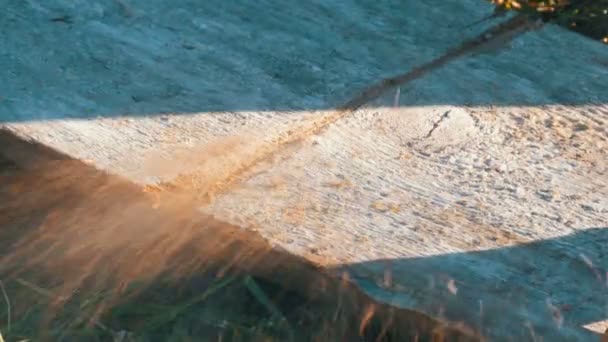 Vista de cerca de un hombre aserrando madera Tablero con sierra de mano y aserrín
 - Metraje, vídeo
