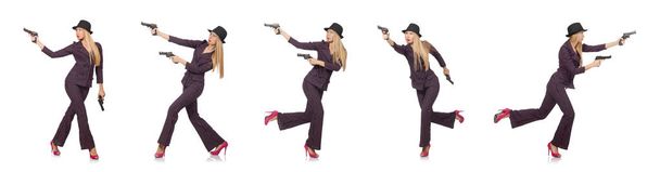 gangster mladá žena s pistolí na bílém pozadí - Fotografie, Obrázek