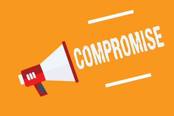 Conceptual hand writing showing Compromise. Business photo text Come to agreement by mutual concession Give Reveal Expose Megaphone loudspeaker orange background important message speaking. - Photo, Image
