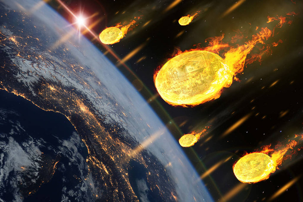 The price of bitcoin or cryptocurrency coins are falling like entering the Earth atmosphere.(Elements of this image furnished by NASA) - Photo, Image