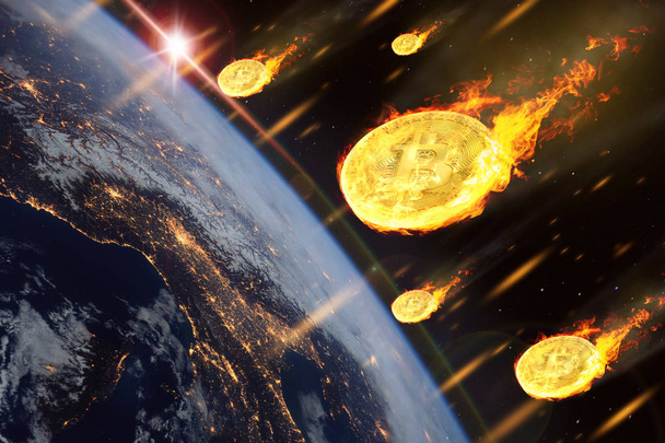 Bitcoinin tai kryptovaluutan kolikoiden hinta laskee kuin pääsisi Maan ilmakehään. (Elementit tämän kuvan kalustettu NASA
) - Valokuva, kuva