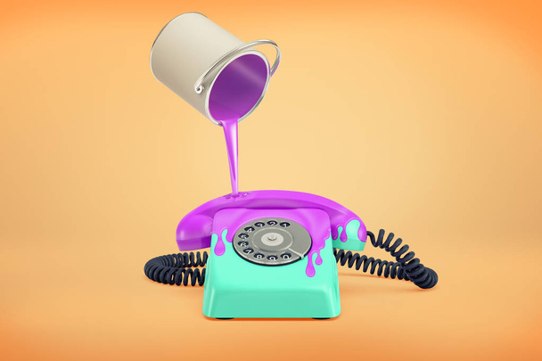 3d rendering of blue retro rotary phone stands on an orange background with purple paint leaking on it from a can. - Foto, Bild