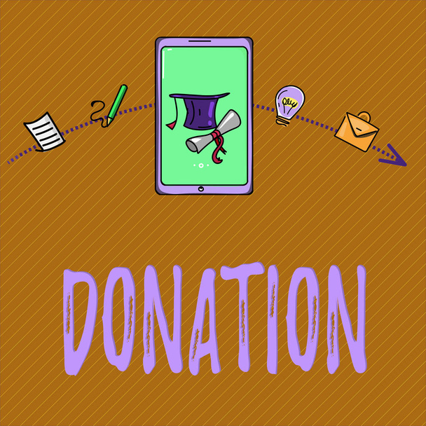 Sinal de texto mostrando doação. Foto conceitual algo que é dado à caridade especialmente soma de dinheiro ou sangue
 - Foto, Imagem