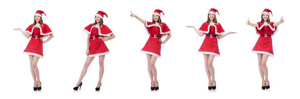 Young woman in red santa costume on white - Foto, Imagen
