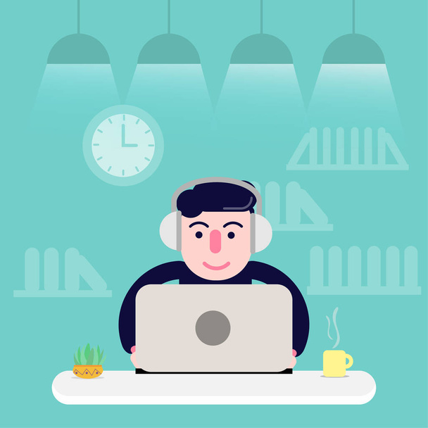 flat design freelance man and outside working office - Vector, Image