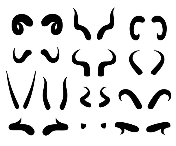 Black silhouette. Set of animal horns. Horn icons. Horny hunting trophy of reindeer. Flat vector illustration isolated on white background. - Vektör, Görsel