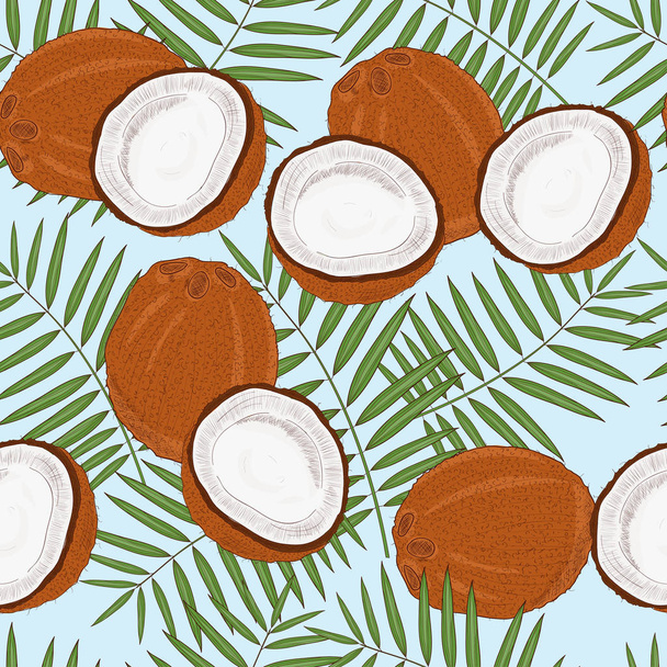 Coconut. Background, wallpaper, seamless. Sketch. Tropical Fruit. Color illustration on white background. - Vector, Image