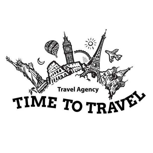 Travel agency signboard. Travel and tourism background. Famous world landmarks located around the globe. Hand drawn sketch vector illustration. - Vector, Image