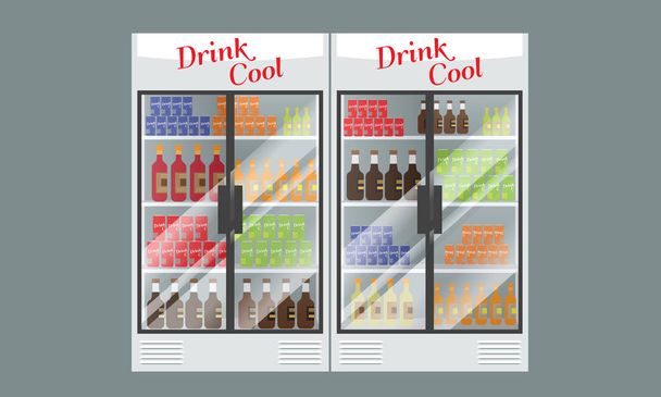 Chlazená supermarketu výkladní skříň plnou s více nápoje a nápoje. Ilustrace vektorové Mockup design. - Vektor, obrázek