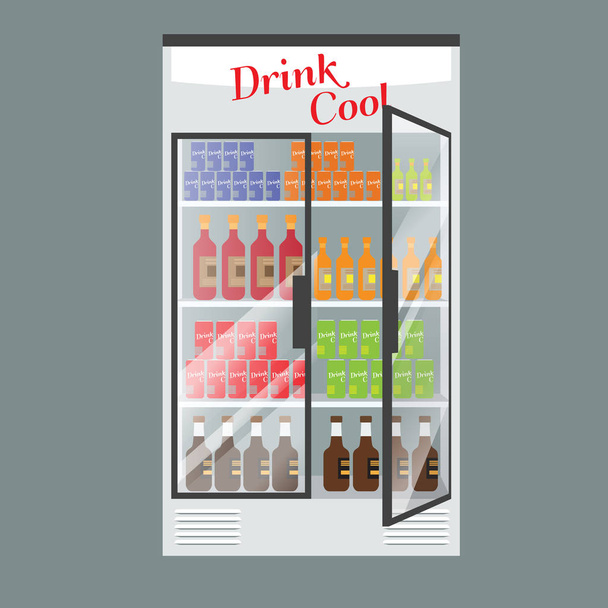 Refrigerated supermarket display case full with multiple drinks and beverages. Illustrated vector for your Mockup design. - Vector, Image