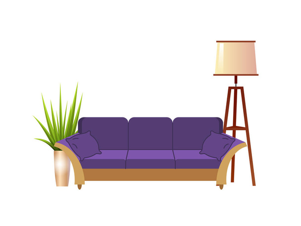 Ρεαλιστική καναπές violet με λαμπτήρα πατωμάτων και γλάστρα εσωτερικό διανυσματικά εικονογράφηση. - Διάνυσμα, εικόνα