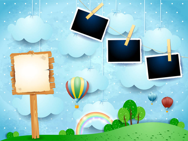 Surreal landscape with balloons, wooden sign and photo frames. Vector illustration  - Vettoriali, immagini
