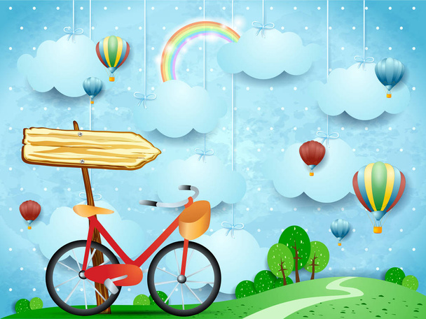 Paisaje surrealista con nubes colgantes, señal de flecha y bicicleta. Ilustración vectorial
 - Vector, Imagen