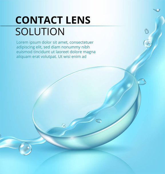 anúncios da solução da lente, líquido desobstruído derramando para baixo ao contato do olho, ilustração
 - Vetor, Imagem