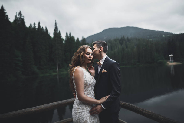 Happy wedding couple posing over beautiful landscape in the mountains - Foto, afbeelding