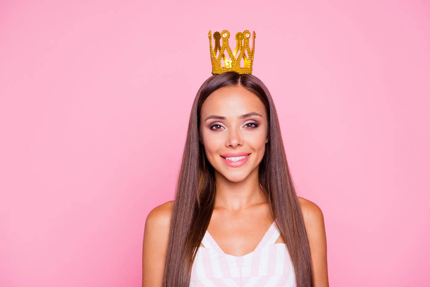 Cure attractive gorgeous lady person with beautiful tiara on head she isolated on vivid pink pastel background in her white striped wear look at camera make beaming toothy smile - Photo, Image