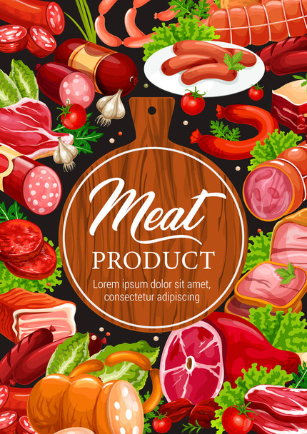 Meat and sausages butcher delicatessen products - Vector, Image