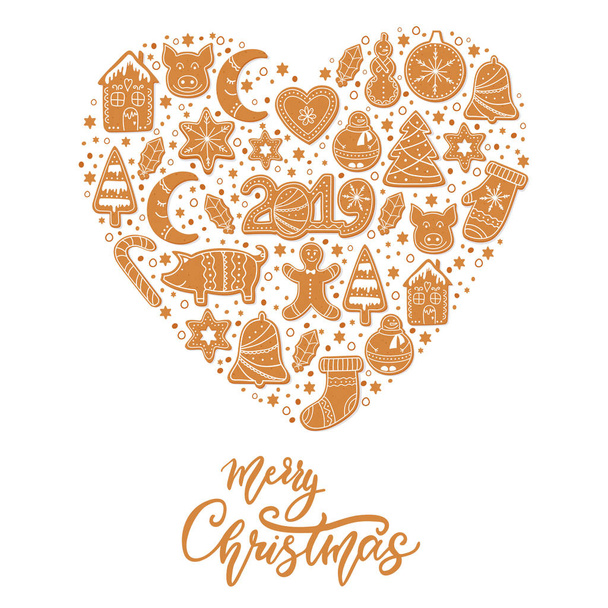 Set of Christmas gingerbread cookies figures of snowman, pig and sock, gingerbread men, stars decorated glaze isolated in shape of heart. Lettering Merry Christmas. Vector illustration - Vetor, Imagem