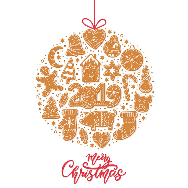 Set of Christmas gingerbread cookies figures of snowman, pig and sock, gingerbread men, stars decorated glaze isolated. Lettering Merry Christmas. Vector illustration - Вектор,изображение