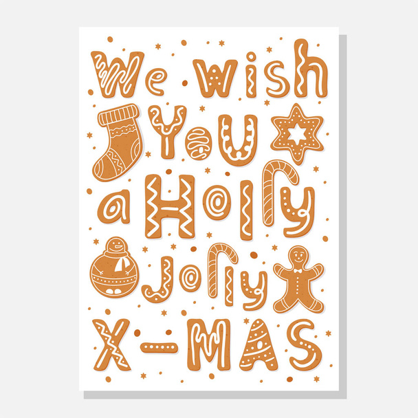 Set of Christmas gingerbread cookies figures of snowman, pig and sock, gingerbread men, stars, letters decorated glaze isolated. Lettering Merry Christmas. Vector illustration - Vetor, Imagem