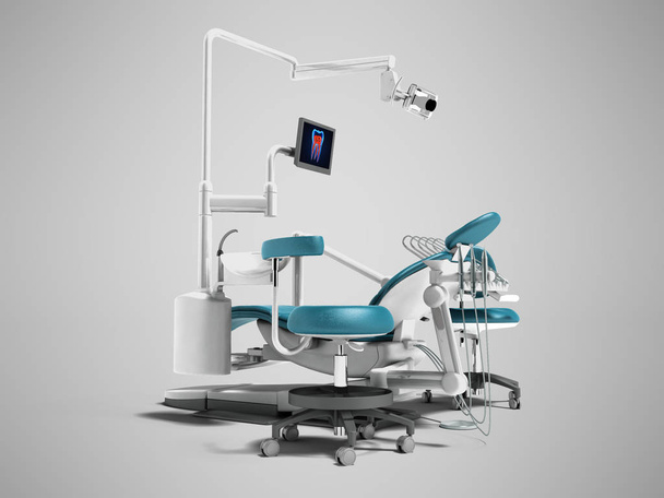 Cadeira dental azul moderno com bórax com iluminação e monitor para o trabalho de renderização 3d no fundo cinza com sombra
 - Foto, Imagem